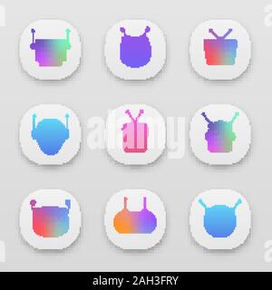 Chatbots app icons set. UI/UX user interface. Modern robots emojis. Laughing, happy chat bot smileys. Virtual assistants. Web or mobile applications. Stock Vector