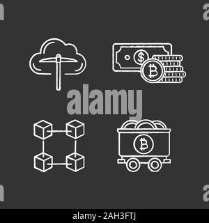 Bitcoin cryptocurrency chalk icons set. Cloud mining, savings, blockchain, mine cart with bitcoin coins. Isolated vector chalkboard illustrations Stock Vector
