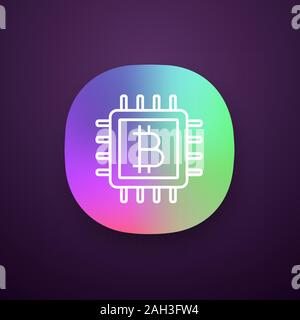 CPU mining app icon. Cryptocurrency mining hardware. Bitcoin sign inside microchip. UI/UX user interface. Digital money. Web or mobile application. Ve Stock Vector