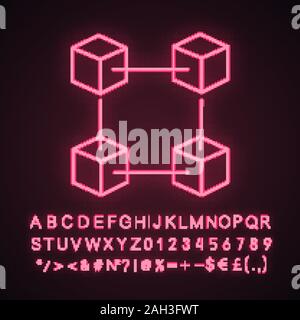 Blockchain technology neon light icon. Big data. Cryptocurrency. Fintech. Glowing sign with alphabet, numbers and symbols. E-commerce. Connected cubes Stock Vector