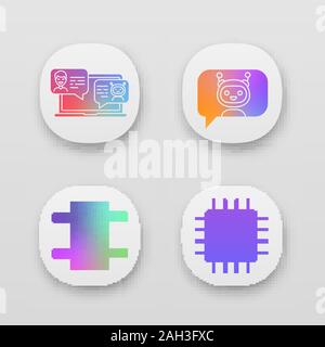Chatbots app icons set. UI/UX user interface. Virtual assistants. Messenger and chat bots. Processor. Modern robots. Smartphone chatterbots. Web or mo Stock Vector