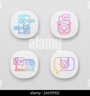 Chatbots app icons set. UI/UX user interface. Virtual assistants. Messenger and chat bots. Modern robots. Smartphone and laptop chatterbots. Web or mo Stock Vector