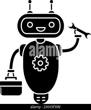 Repair chatbot glyph icon. Silhouette symbol. Robot with set of tools and screw key. Virtual assistant. Online customer support. Modern robot. Negativ Stock Vector