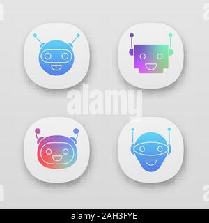 Chatbots app icons set. UI/UX user interface. Talkbots. Laughing virtual assistants. Conversational agents. Modern robots. Web or mobile applications. Stock Vector