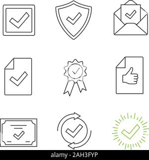 Approve linear icons set. Checkbox, approved security, email confirmation, document verification, award medal, review, certificate, testing, check mar Stock Vector
