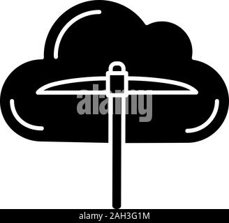 Cryptocurrency cloud mining service glyph icon. Crypto mining. Cryptocurrency business. Cloud with pickaxe. Silhouette symbol. Negative space. Vector Stock Vector