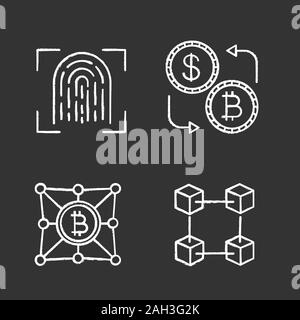 Bitcoin cryptocurrency chalk icons set. Fingerprint scanning, blockchain, currency exchange, bitcoin network. Isolated vector chalkboard illustrations Stock Vector