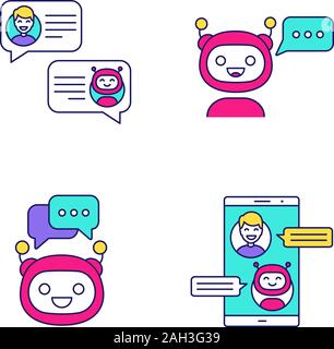 Chatbots color icons set. Virtual assistants. Messenger and chat bots. Modern robots. Smartphone chatterbots. Isolated vector illustrations Stock Vector