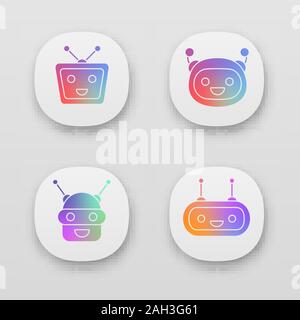 Chatbots app icons set. UI/UX user interface. Talkbots. Laughing virtual assistants. Conversational agents. Modern robots. Web or mobile applications. Stock Vector