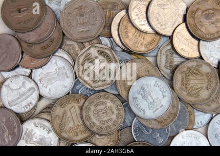 Close up picture of Indian rupee. Top view of indian currency coins Stock Photo