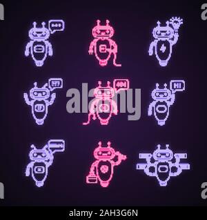 Chatbots neon light icons set. Talkbots. Typing, USB, idea, question, not found, hi, error, repair, chat bots. Modern robots. Glowing signs. Vector is Stock Vector