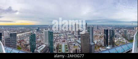 Panorama of the city skyscrapers railway station, view to the west from the Main tower. Frankfurt am Main, Germany. 16 December 2019 Stock Photo