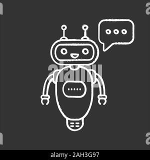 Chatbot typing answer chalk icon. Talkbot with three dots in speech bubble. Modern robot. Processing request virtual assistant. Isolated vector chalkb Stock Vector