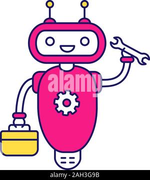 Repair chatbot color icon. Robot with set of tools and screw key. Virtual assistant. Online customer support. Modern robot. Isolated vector illustrati Stock Vector