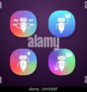 Chatbots app icons set. UI/UX user interface. Talkbots. Virtual assistants. Support service, free, new idea, buy chat bots. Modern robots. Web or mobi Stock Vector