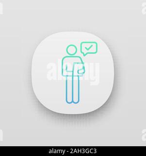 Person checking document app icon. Manager. Good news or results. UI/UX user interface. Personal recommendation. HR manager reading resume. Web or mob Stock Vector