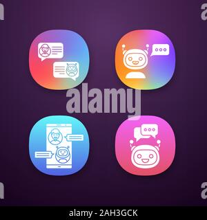 Chatbots app icons set. UI/UX user interface. Virtual assistants. Messenger and chat bots. Modern robots. Smartphone and laptop chatterbots. Web or mo Stock Vector
