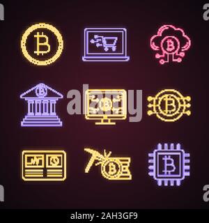 Bitcoin cryptocurrency neon light icons set. Coin, online shopping, cloud mining, banking, bitcoin webpage, hashrate, CPU mining, cryptocurrency. Glow Stock Vector