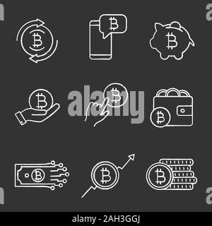 Bitcoin cryptocurrency chalk icons set. Bitcoin exchange, cryptocurrency chat, piggy bank, pay per click, wallet, digital money, market growth, coins Stock Vector