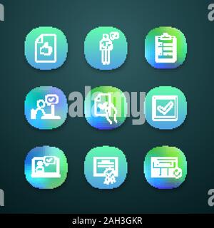 Approve app icons set. Approval document, person checking, checklist, approval chat, contract, checkbox, chatbot, certificate, approved website. UI/UX Stock Vector