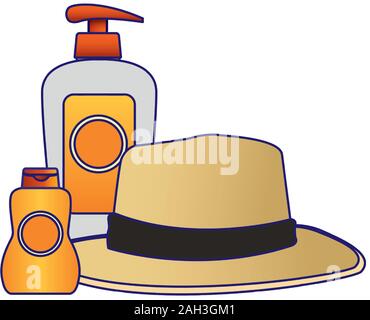 beach hat with sunscreens bottles Stock Vector