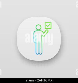 Voter app icon. UI/UX user interface. Electorate. Make choice. Person holding checkbox. Expressing opinion. Web or mobile application. Vector isolated Stock Vector