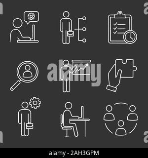Business management chalk icons set. Technical chat, employee skills, task planning, staff searching, presentation, solution, manager, office, teamwor Stock Vector