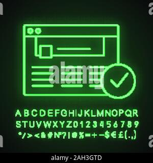 Approved website neon light icon. Web page. Successful login. Glowing sign with alphabet, numbers. Authorization. Web site with check mark. Web browse Stock Vector
