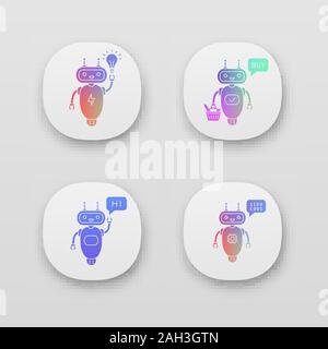 Chatbots app icons set. UI/UX user interface. Talkbots. Virtual assistants. New idea, buy, hi, code chat bots. Modern robots. Web or mobile applicatio Stock Vector