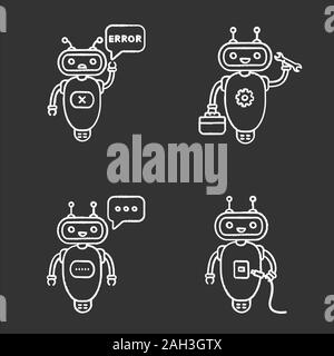 Chatbots chalk icons set. Talkbots. Virtual assistants. Typing, error, USB, buy chat bots. Modern robots. Isolated vector chalkboard illustrations Stock Vector