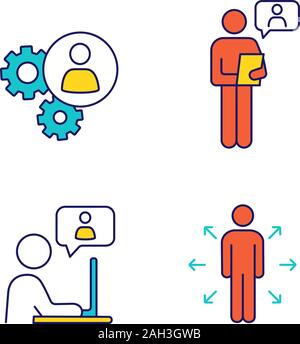 Business management color icons set. Teamwork, online job interview, chatting, decision management. Isolated vector illustrations Stock Vector