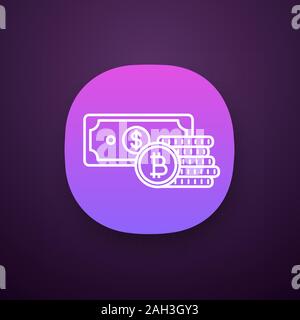 Bitcoin coins stack and dollar banknote app icon. UI/UX user interface. Cryptocurrency investment. Savings. Digital money deposit. Web or mobile appli Stock Vector