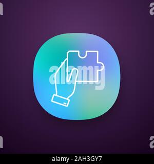 Finding solution app icon. UI/UX user interface. Problem solving. Teamwork. Hand holding puzzle. Web or mobile application. Vector isolated illustrati Stock Vector