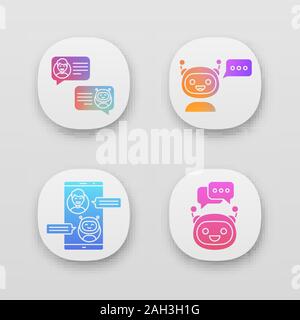 Chatbots app icons set. UI/UX user interface. Virtual assistants. Messenger and chat bots. Modern robots. Smartphone and laptop chatterbots. Web or mo Stock Vector