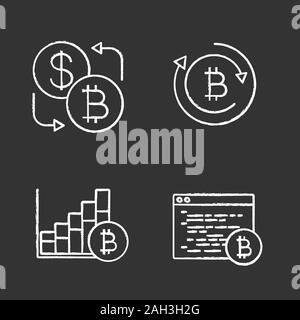 Bitcoin cryptocurrency chalk icons set. Currency exchange, bitcoin refund, market growth chart, mining software. Isolated vector chalkboard illustrati Stock Vector
