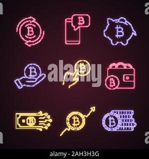 Bitcoin cryptocurrency neon light icons set. Bitcoin exchange, cryptocurrency chat, piggy bank, pay per click, wallet, digital money, market growth, c Stock Vector