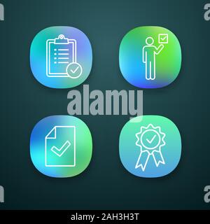 Approve app icons set. Verification and validation. Task planning, voter, document verification, award medal. UI/UX user interface. Web or mobile appl Stock Vector