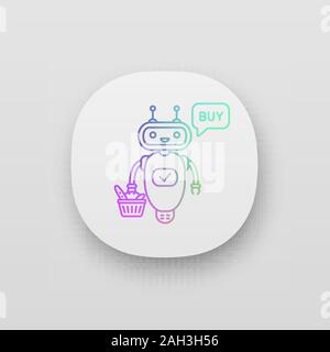 Online customer service chatbot app icon. UI/UX user interface. Talkbot with grocery basket says buy. Modern robot. Virtual shopping assistant. Web or Stock Vector