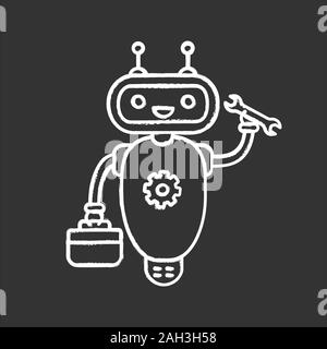 Repair chatbot chalk icon. Robot with set of tools and screw key. Virtual assistant. Online customer support. Modern robot. Isolated vector chalkboard Stock Vector