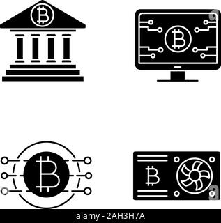 Bitcoin cryptocurrency glyph icons set. Online banking, bitcoin official web page, graphic card, CPU mining. Silhouette symbols. Vector isolated illus Stock Vector