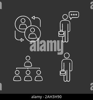 Business management chalk icons set. Partnership, businessman thinking, professional hierarchy, manager. Isolated vector chalkboard illustrations Stock Vector