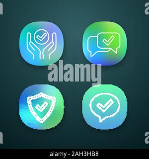 Approve app icons set. Verification and validation. Quality service, approved chat, confirmation dialog, shield with check mark. UI/UX user interface. Stock Vector