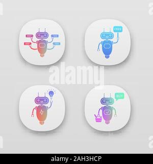 Chatbots app icons set. UI/UX user interface. Talkbots. Virtual assistants. Support service, free, new idea, buy chat bots. Modern robots. Web or mobi Stock Vector