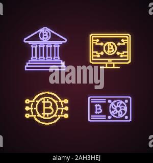 Bitcoin cryptocurrency neon light icons set. Online banking, bitcoin official web page, graphic card, CPU mining. Glowing signs. Vector isolated illus Stock Vector