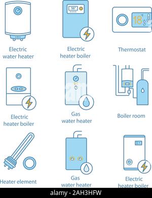 Heating color icons set. Boilers, heaters, thermostat, boiler room. Gas and electric water heater. Commercial, industrial and domestic central heating Stock Vector