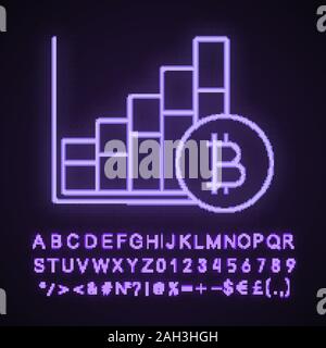Bitcoin market growth chart neon light icon. Cryptocurrency prices rising. Statistics diagram with bitcoin sign. Glowing sign with alphabet, numbers a Stock Vector