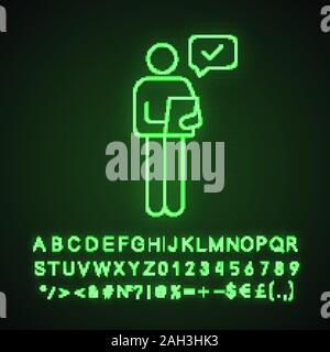 Person checking document neon light icon. Manager. Good news or results. Glowing sign with alphabet, numbers. Personal recommendation. HR manager read Stock Vector