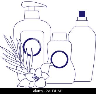 tropical leaf and flower with sunscreens bottles, flat design Stock Vector