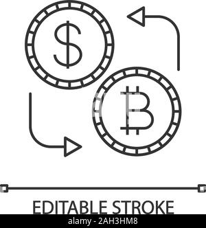 Bitcoin and dollar currency exchange linear icon. Cryptocurrency. Thin line illustration. Refund. Contour symbol. Vector isolated outline drawing. Edi Stock Vector