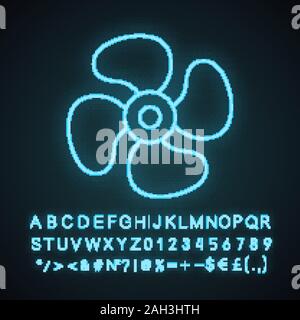 Air ventilation neon light icon. Exhaust fan. Ventilator. Turbine, propeller. Glowing sign with alphabet, numbers and symbols. Vector isolated illustr Stock Vector